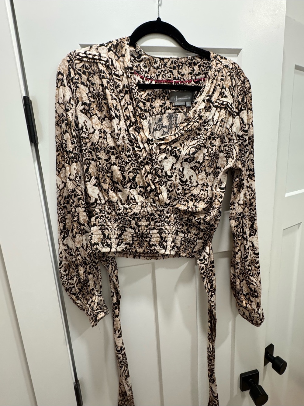 Anthropologie Beige and Black Floral Wrap Crop Top
